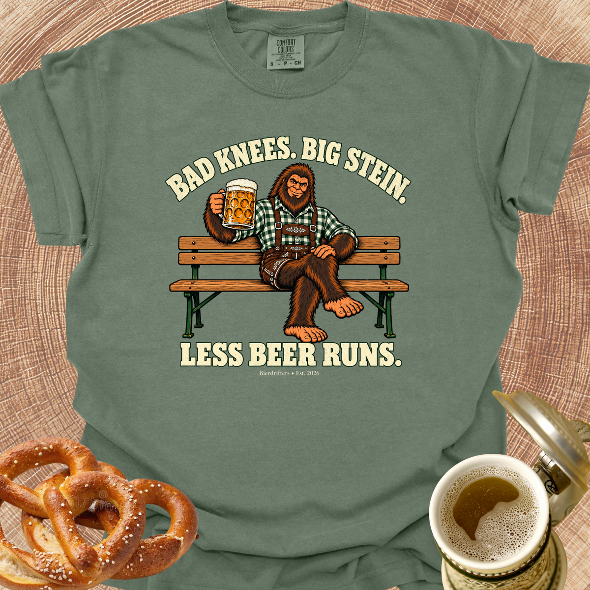 Bierfoot-Bad Knees. Big Stein. Less Beer Runs T‑Shirt
